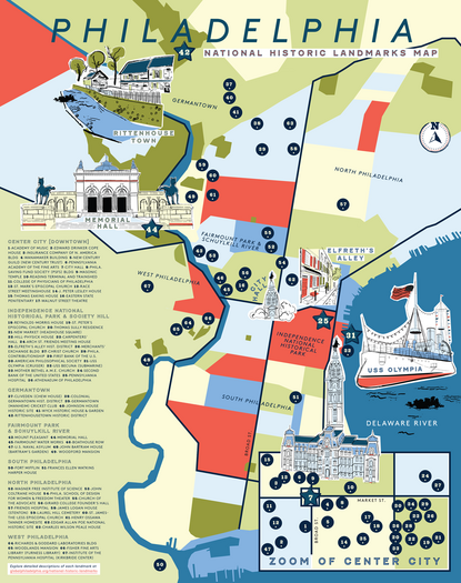 a map of the Philadelphia with the National Historic Landmarks marked and various icons related to the landmarks displayed on a illustrated map